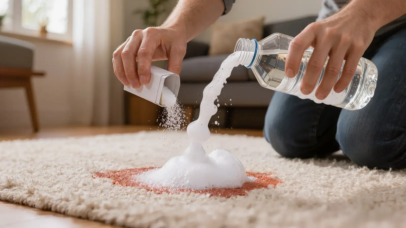 Homeowner pouring baking soda and vinegar on a carpet stain — a viral cleaning hack that can permanently damage carpet fibers