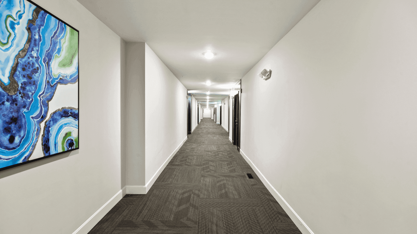 Luxury hotel hallway common area fully carpeted with light bulbs on ceiling representing professional hotel carpet cleaning and maintenance services