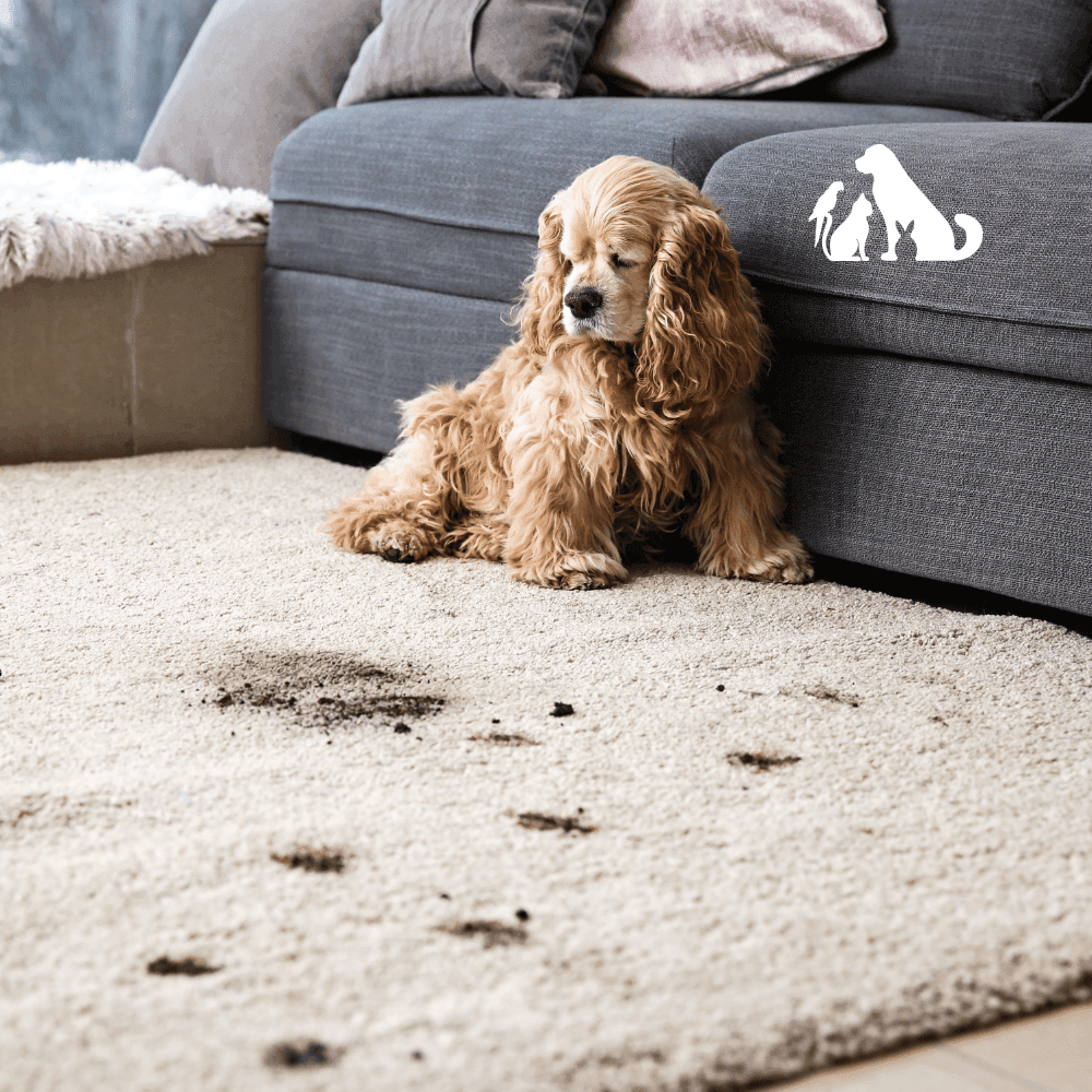 Dog sitting on a clean beige carpet with a visible dirt stain in front, representing professional pet stain and odor removal service.