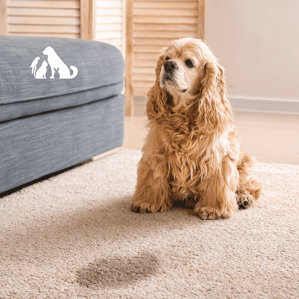 Dog sitting on a clean beige carpet with a wet urine spot in front, illustrating pet urine stain and odor removal carpet cleaning service.